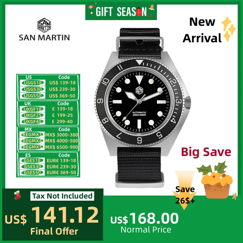 San Martin 40mm Classic NH35 Field Watch For Men Diving Self Winding Military Waterproof Reloj 20Bar Nylon Strap BGW-9 SN0123