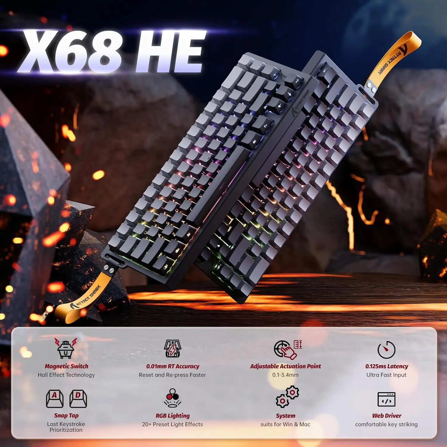 مجموعة لوحة مفاتيح الألعاب MAMBASNAKE x Attack Shark X68 HE ومجموعة ماوس R1، لوحة مفاتيح مغناطيسية 8 كيلو هرتز