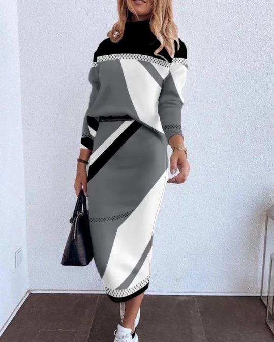 Women Elegant Two Piece Set Skirts Sets Autumn Casual Long Sleeve Pullover Bodycon Midi Pencil Skirt 2 Piece Sets Women Outfit