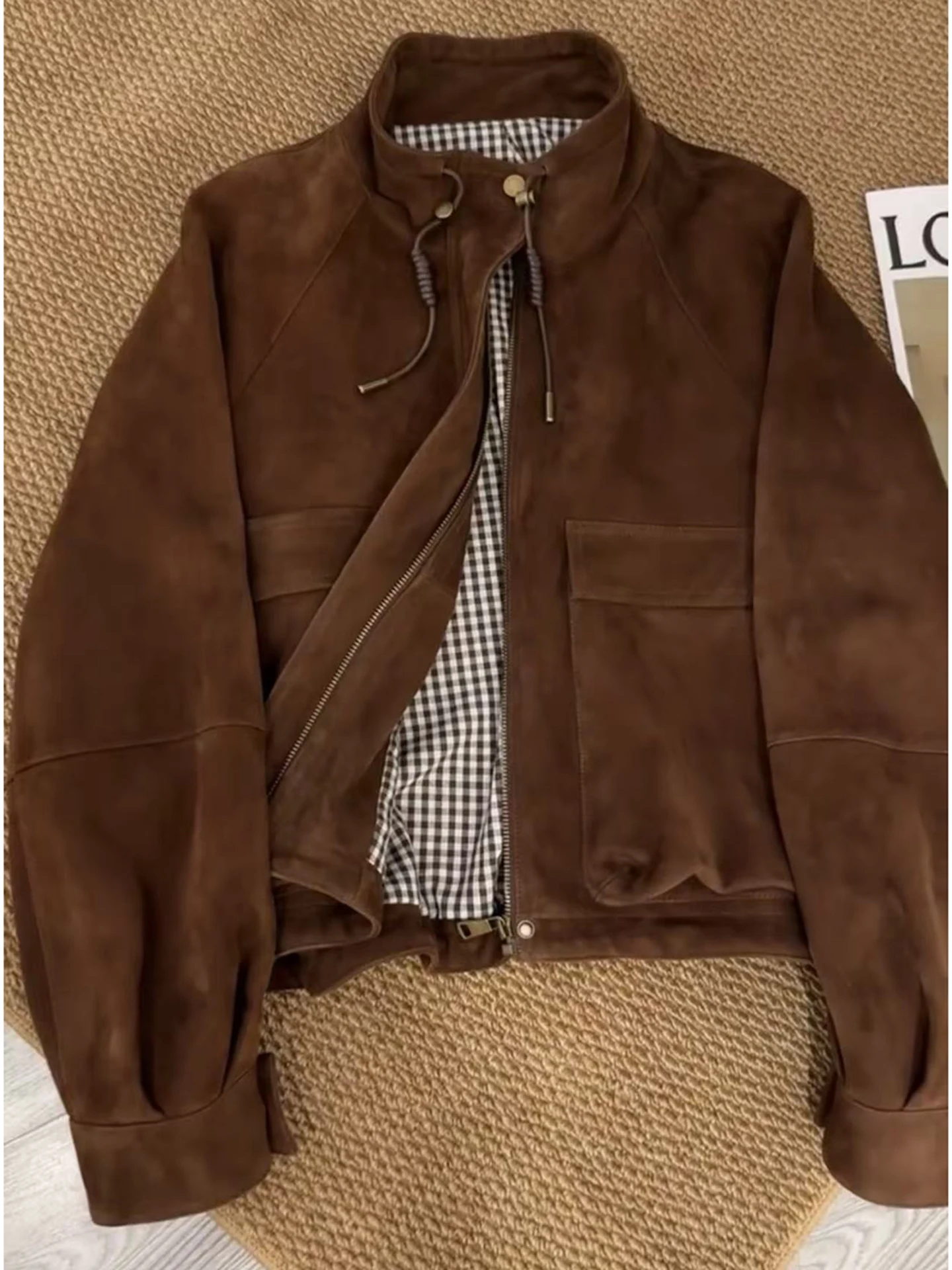 Retro Coffee Suede Short Jacket Women's Spring New Design Commute Style Standard Fit Zipper Closure Pure Color Ladies Coat