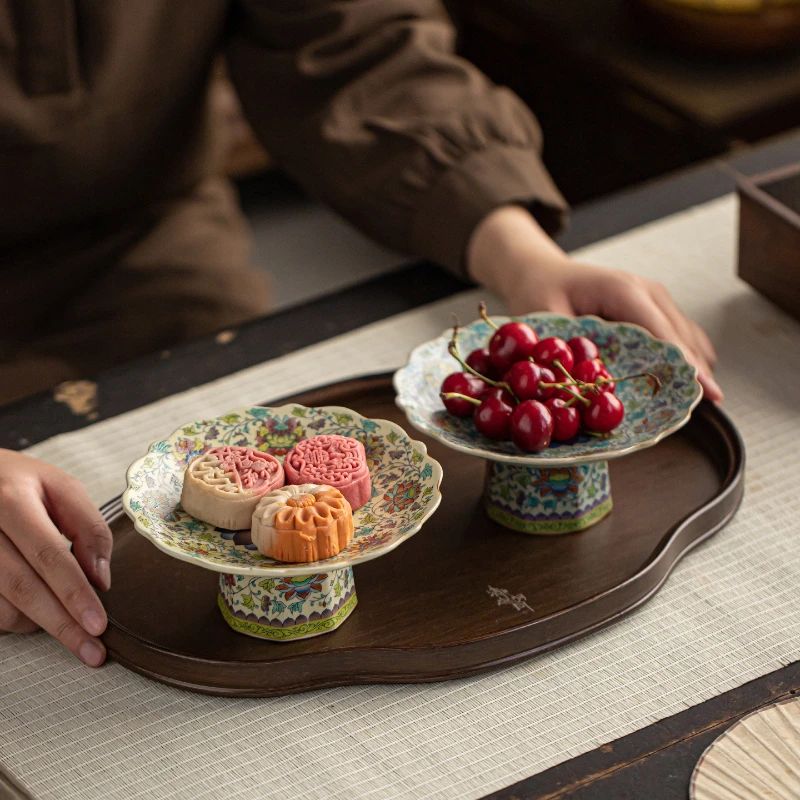 Ru Kiln Stemmed Fruit Plate,Retro Ceramic Tall-footed Pastry Plate,Exquisite Cake Plate,Buddha Offering Tray withBergamot Design