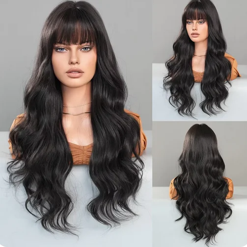 New wig female straight bangs big waves long curly hair full head set net synthetic fiber high temperature silk matte silk wig