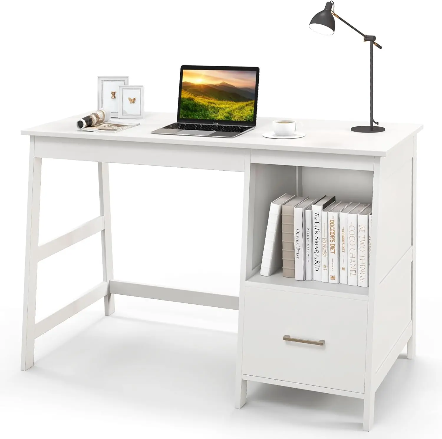 Contemporary White Desk with Storage Efficient Study Writing Table Versatile Workspace Functional Home Office Desk