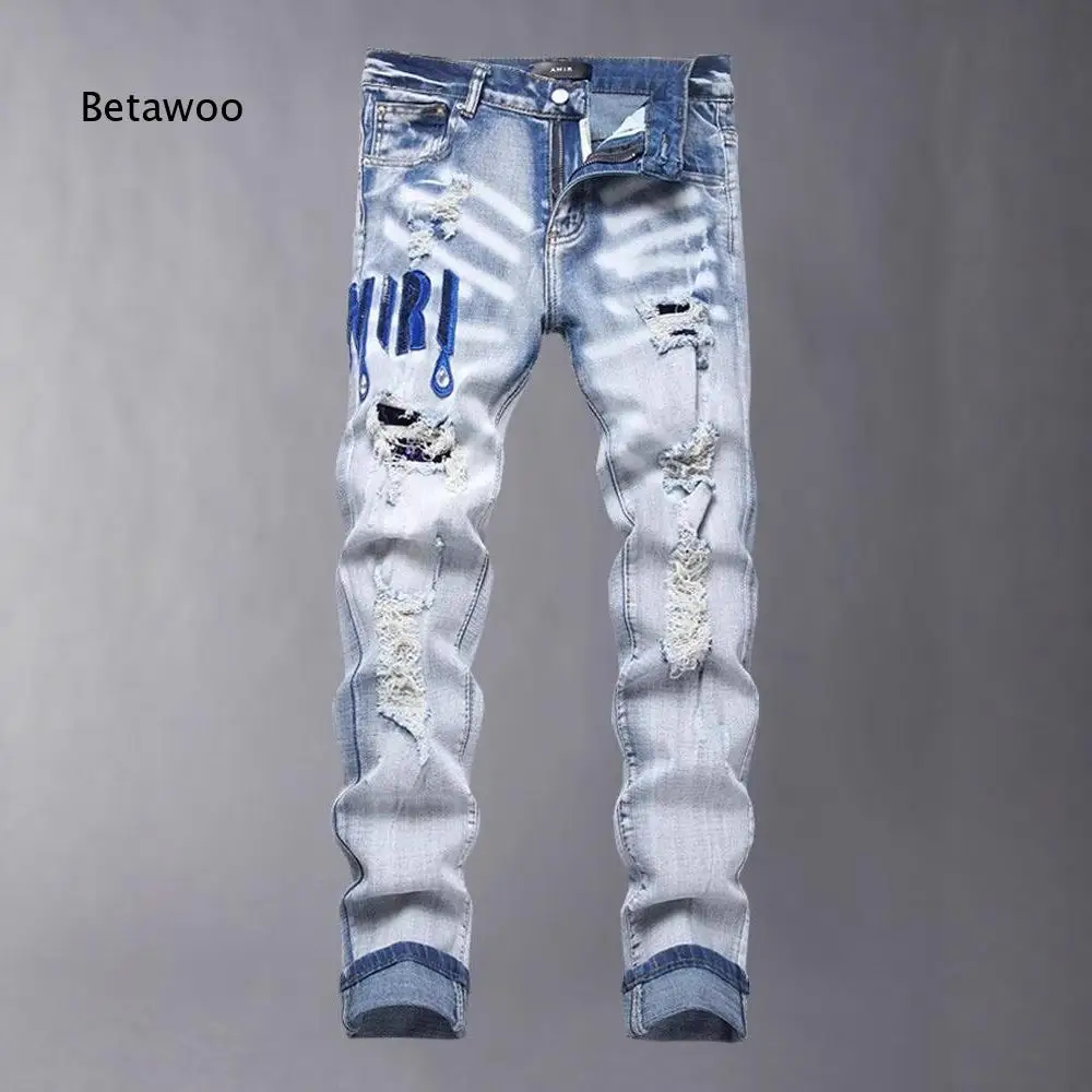 Men Punk Style Blue Denim Pants Slim Fit Stretchy Fabric Ripped Design With Patch And Embroidery Decor Tapered Jeans For Daily