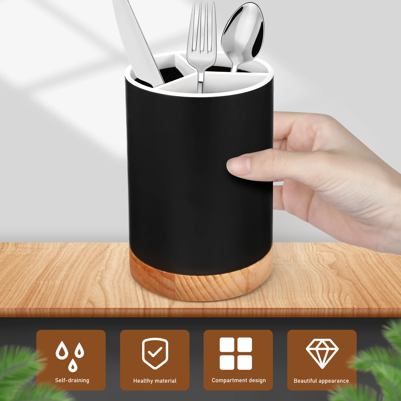 

Kitchen Desktop Chopstick Holder Premium Cutlery Storage Rack with Drain Holes for Spoons Utensils Household Organizer Black