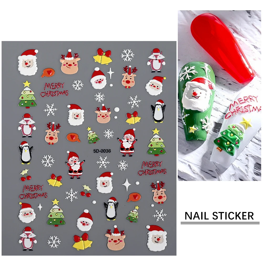 5D 입체 크리스마스 진저브레드맨 네일 스티커 크리스마스 레드 벨 리본 사탕 쿠키 네일 데칼 셀프 접착 네일 장식