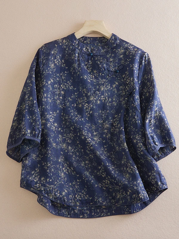Algodão linho estampa floral botão up solto ajuste verão irt para mulheres plus size tradicional chinês sle casual wear