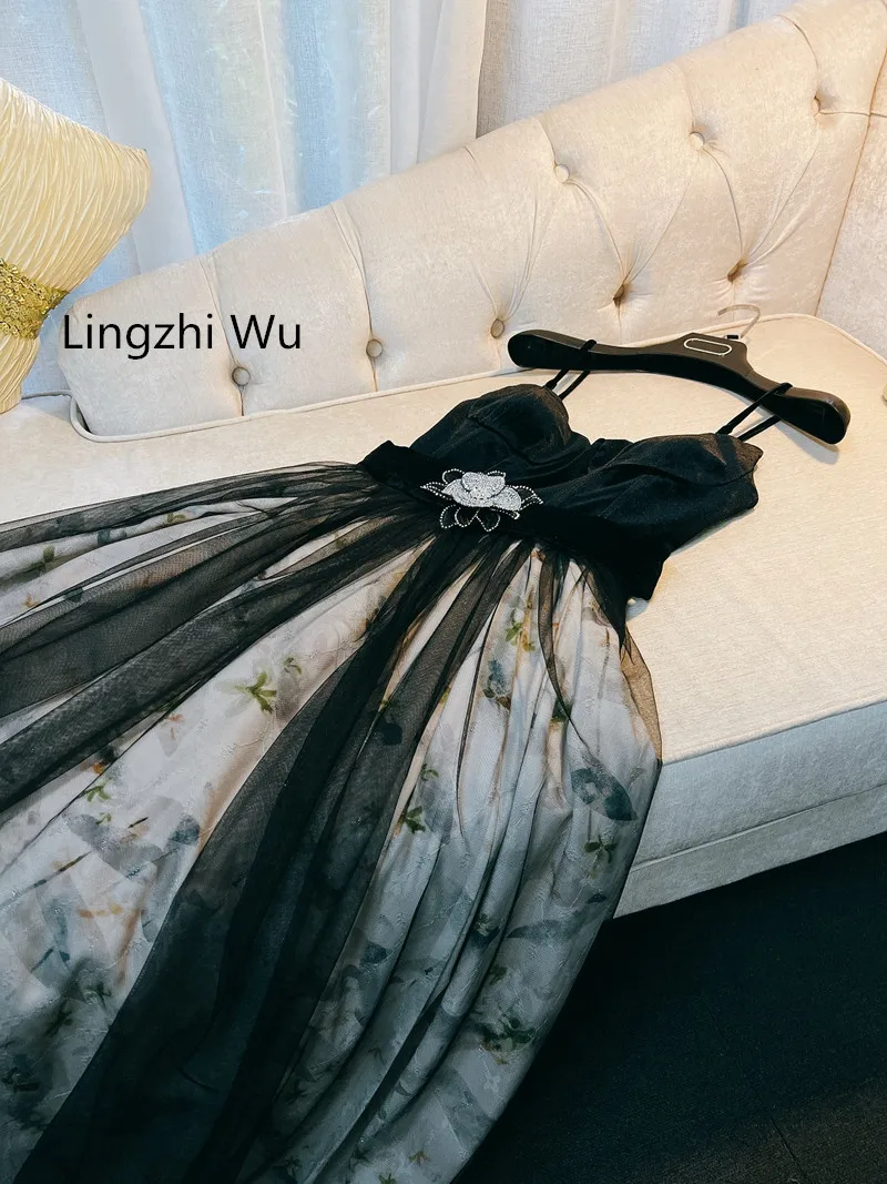 Lingzhi Wu French Vintage Elegant Top Quality Evening Dress Formal Black Spaghetti Strap Long Dresses Sweetheart Neck Print