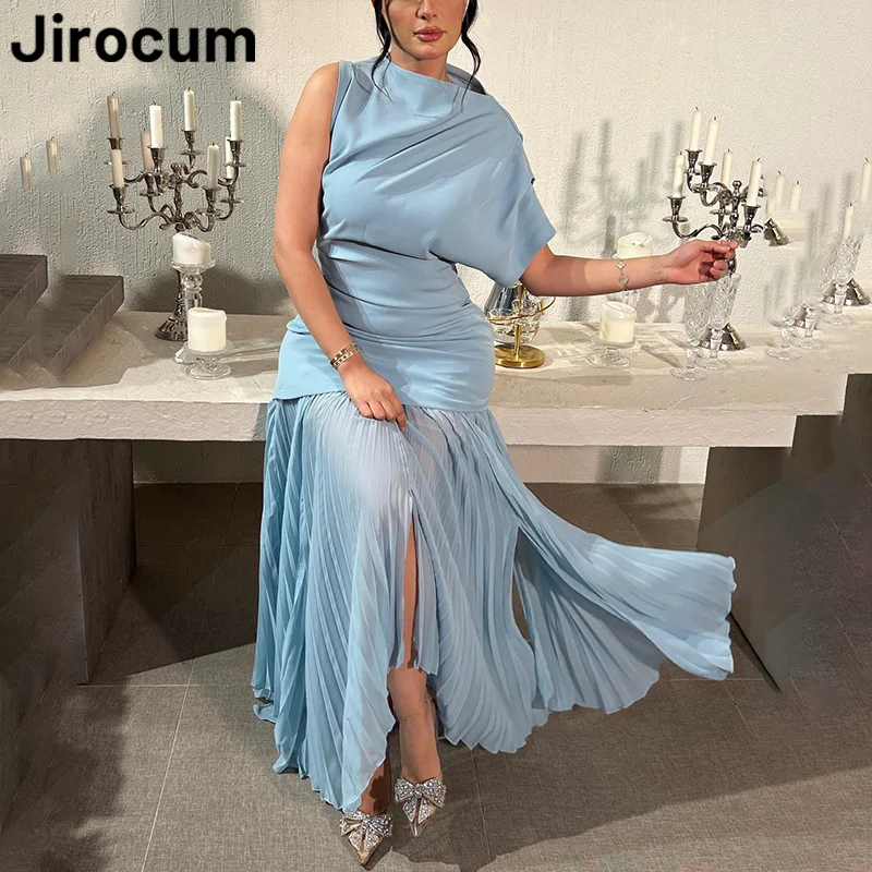 

Jirocum Elegant Blue Mermaid Prom Dress Women's One Shoulder Pleated Party Evening Gown Ankle Length Formal Occasion Dresses