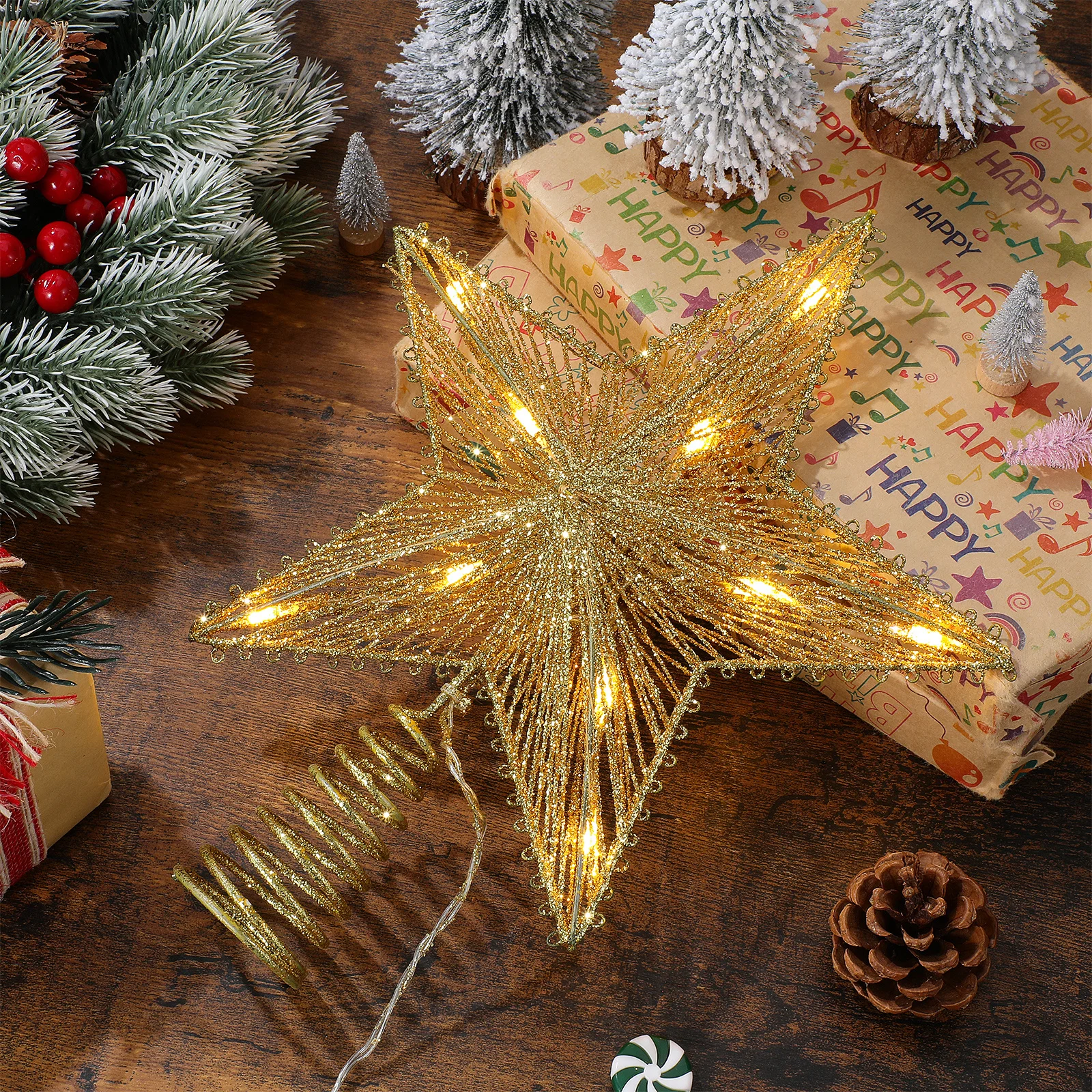 

1pc Christmas Tree Topper Star Warm Light Luminous Ornament For Xmas Decor Glowing Five-Pointed Lamp Party Supply Treetop Prop