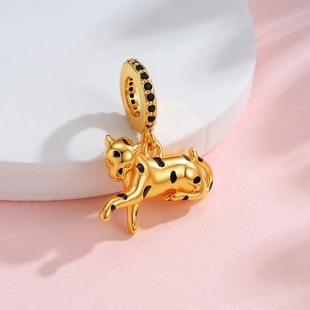 New 925 Sterling Silver Charms Golden Lazy Leopard Pendant Beads Fit Bracelet Women's Diy Jewelry Love Daily Hot Gifts