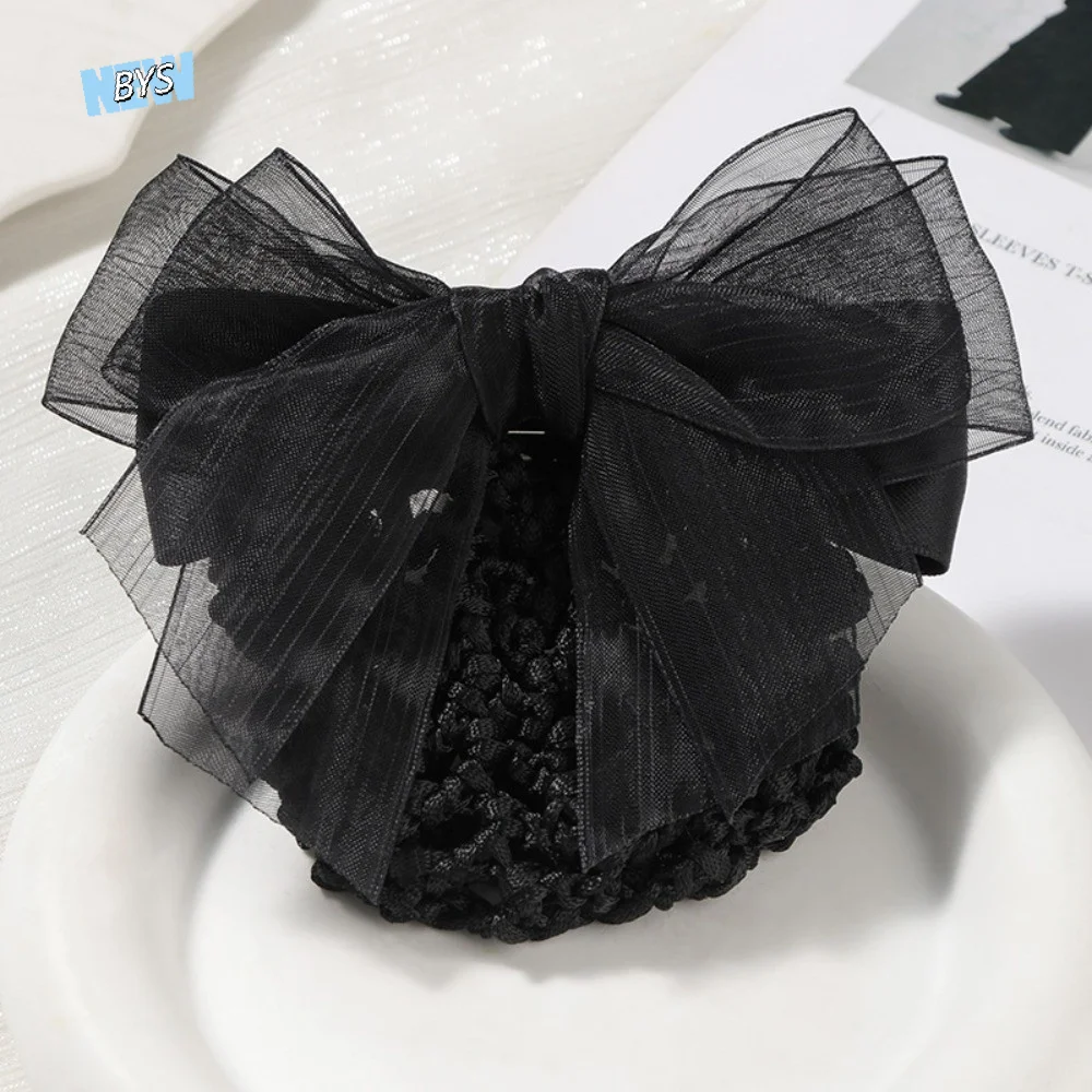 

Fashion Elegant Bowknot Net Bun Snood Vintage Convenient Hair Bun Cover Crochet Satin Gauze Snood Hairgrips Women Spring