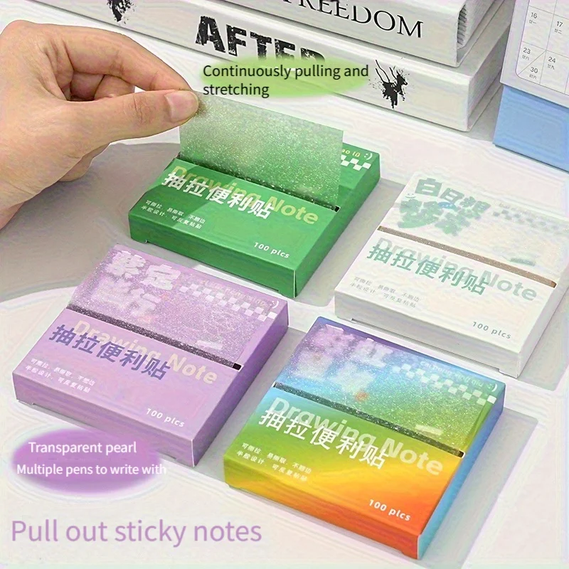 A Box of 100 Gradient Pearlescent Pull-Out Sticky Notes for Students, Sticky Notes for Exam Preparation, Reusable Sticky Labels with Adhesive