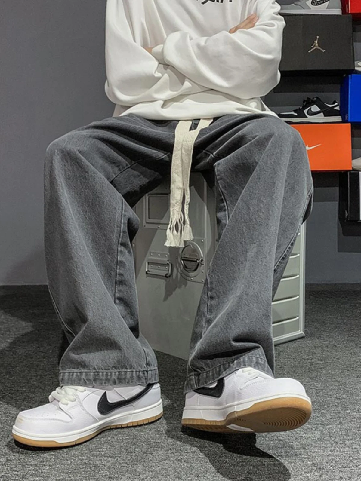 

Мужские джинсы American High Street, летние свободные прямые широкие брюки, модные брендовые брюки длиной до пола с тканой веревкой в стиле ретро