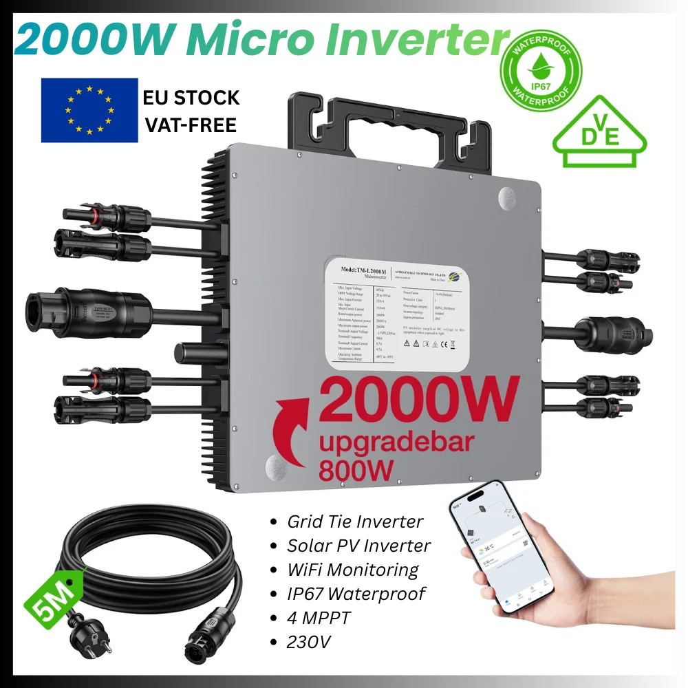 Mikroinwerter sieciowy 2000W, 4 MPPT, monitoring WiFi, ochrona przed wodą IP67, 230V, wysoka wydajność 96%, inwerter fotowoltaiczny.