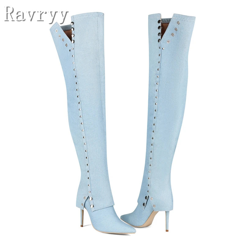 

Light Bule Denim Over The Knee Boots Women Sexy Pointed Toe Thin High Heels Long Boots Luxury Designer Party Dress Shoes
