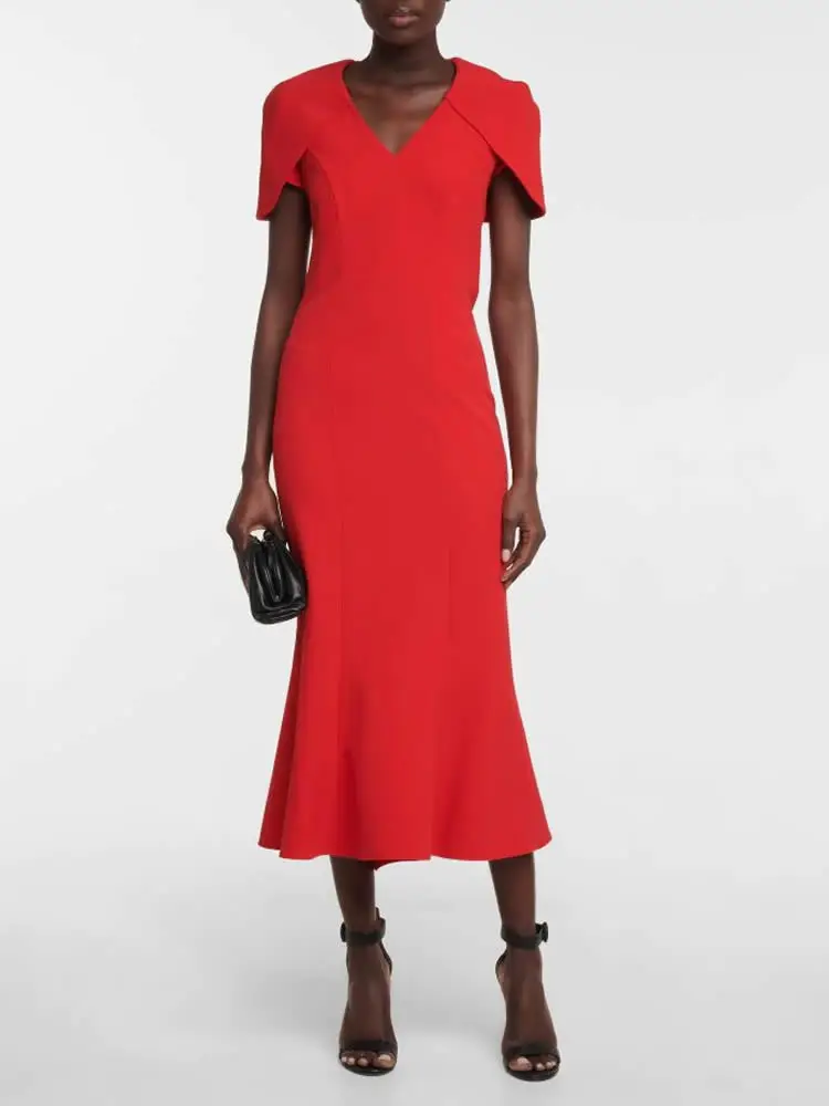 Mode V-hals Zeemeermin Jurken Nieuw Ontwerp Dames Rode Effen Damesjurk