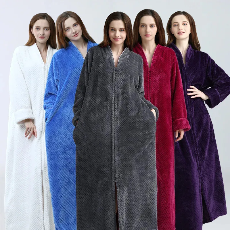 

Women Winter Long Flannel Bathrobe Kimono Warm Zip Bath Robe Night Fur Robes Bridesmaid Dressing Gown Men Sleepwear