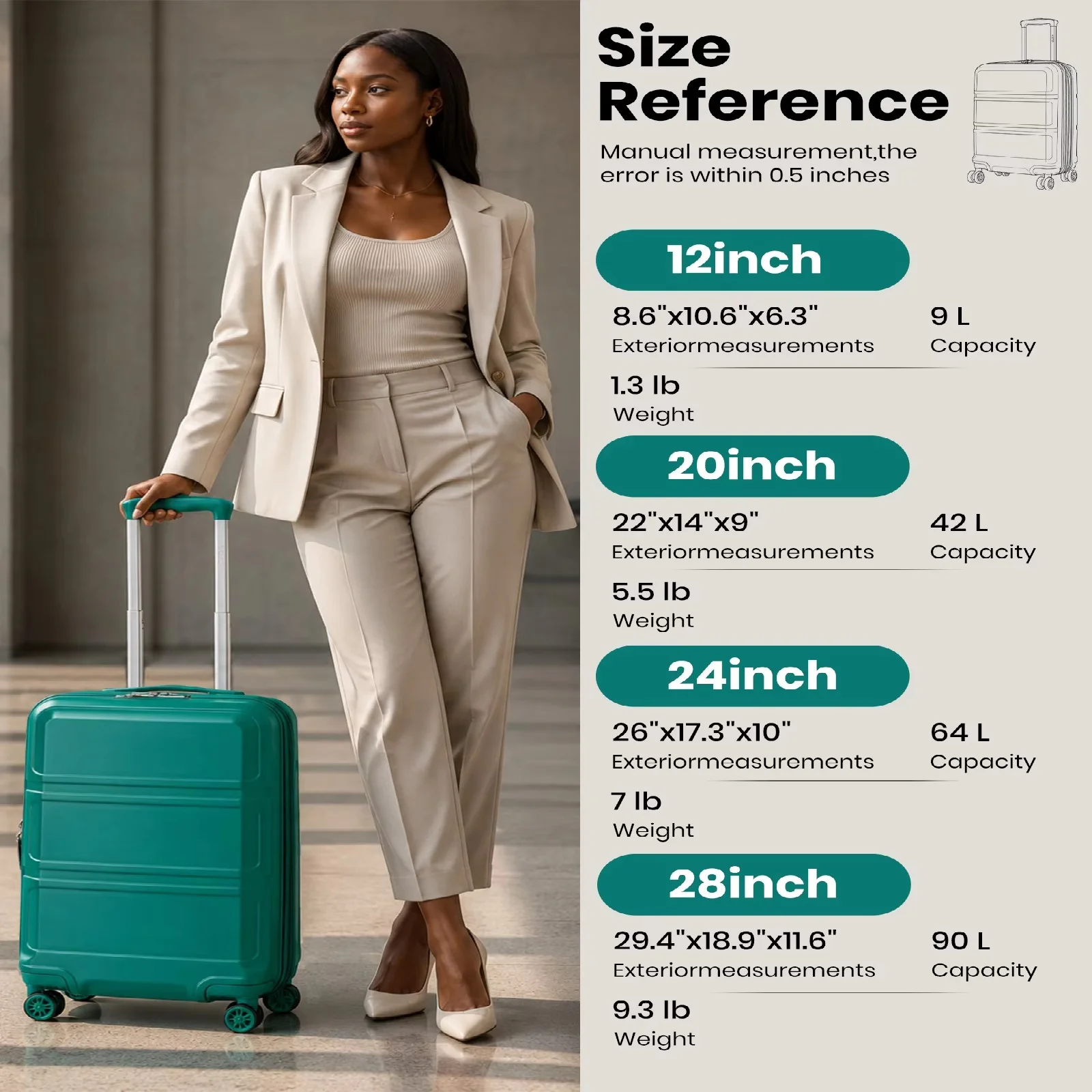 Kono 4‑Piece Hard Shell Luggage Set 12/20/24/28 Inch, ABS Lightweight Spinner Suitcase with TSA Lock YKK Zippers, 2‑Year Limited Warranty, Travel Luggage for Men Women