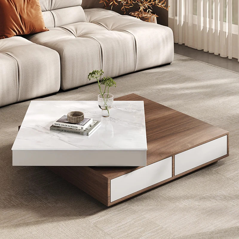 

Вращающийся квадратный журнальный столик с каменной столешницей: хит продаж, простой дизайнерский деревянный кофейный столик с хранением, набор для гостиной