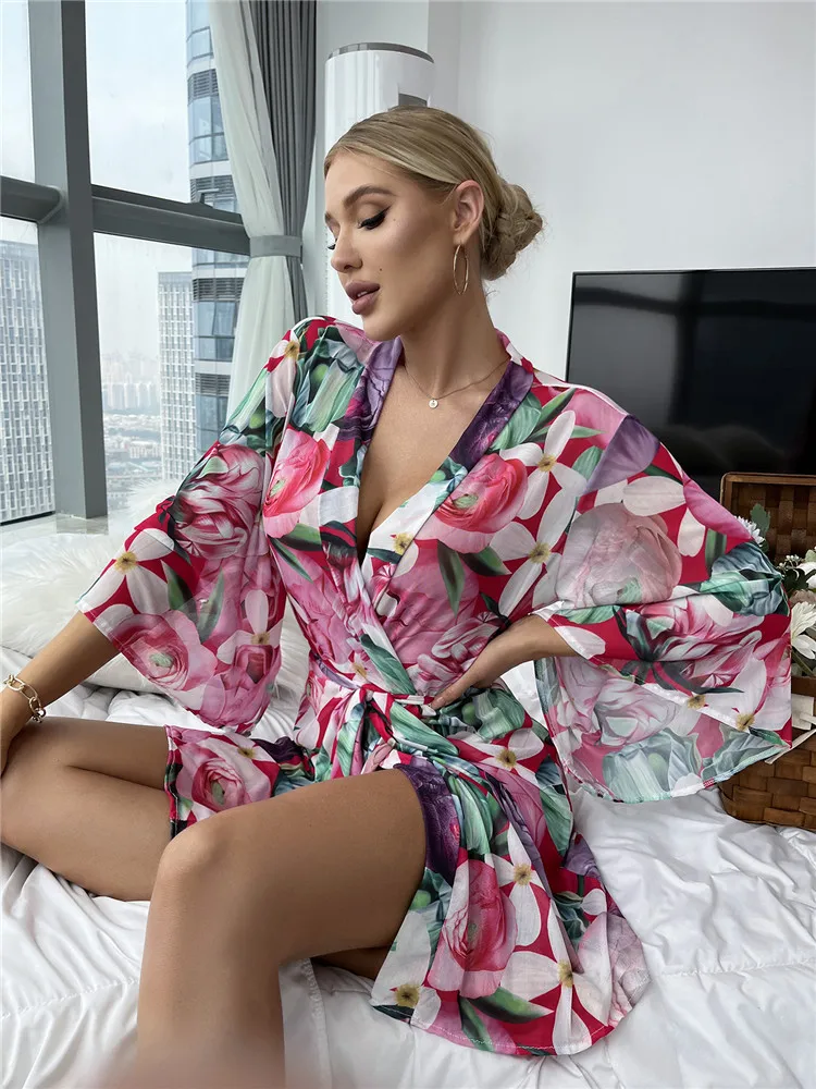 Floral Print Trumpet Sleeve Self Tie Night Robe Vacation Bathrobe Mesh Soft Sleepwear Short Kimono