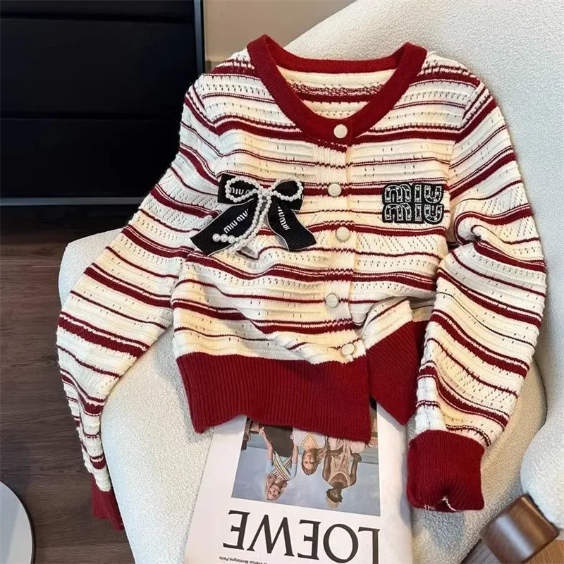 Autumn Winter Short Sweater Women 2024 New Fashion Loose Casual Tops Stripe Knitwear Cardigan Bowknot Button Outerwear Female