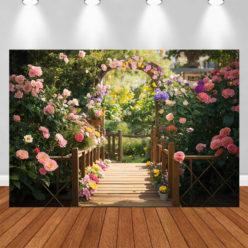 LS Photography Backdrop Garden Wooden Bridge Flower Greenery Decor Birthday Cake Smash Kids Adult Portrait Photo Background