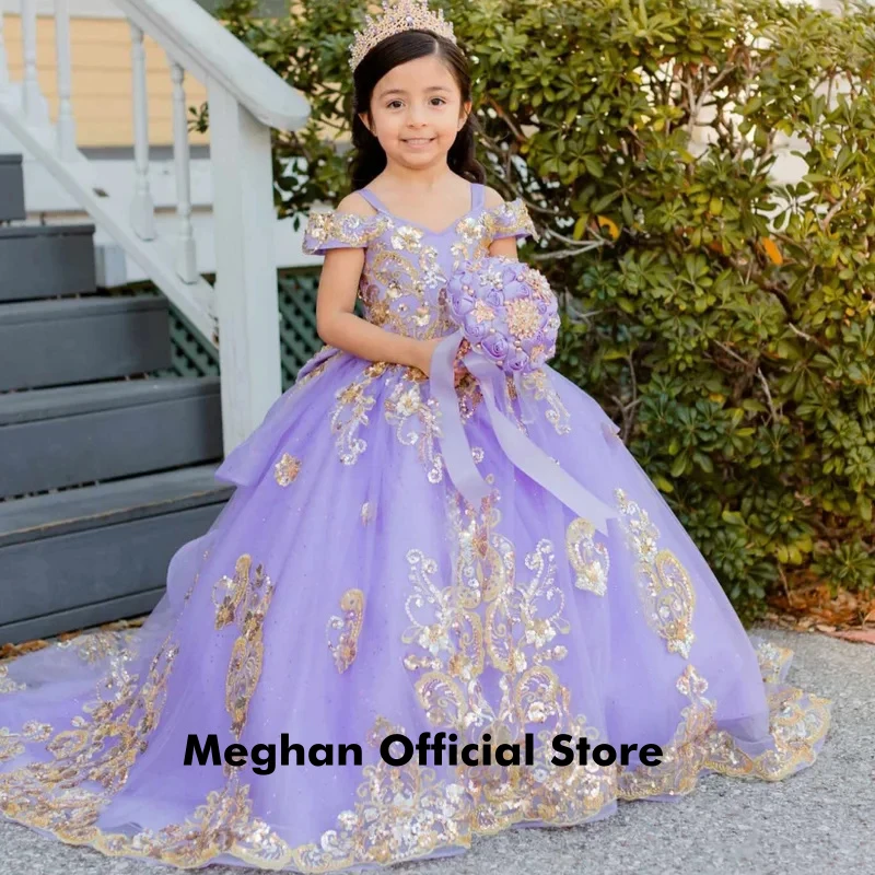 Customized Purple Flower Girl Dress Gold Floral Appliques With Bow Short Sleeve For Wedding Birthday Prom Banquet Pageant Gown