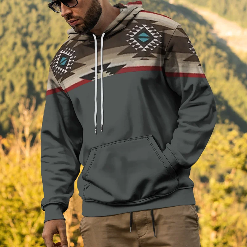 

Men Hooded Vintage Print Sweatshirt Ethnic Style Hoodie Autumn and Winter Oversized Casual Men's Clothing Daily Street Pullover