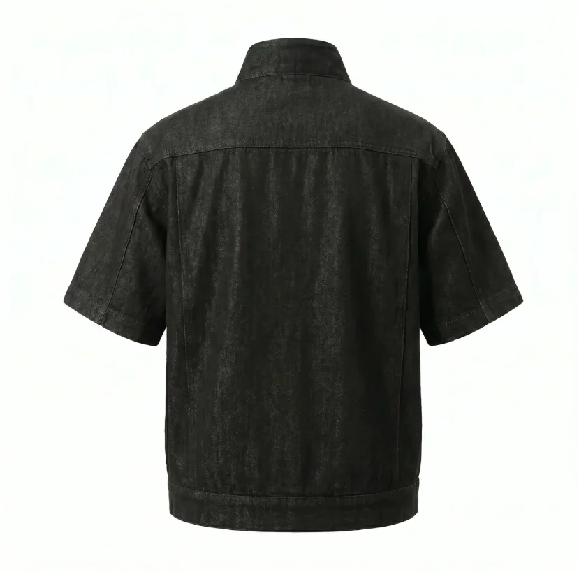 High Street Denim Shirt Jacket for Man Metal Rivet Buckle Pleated Designer Gothic Punk Clothes Cotton Short Sleeve Cowboy Shirts