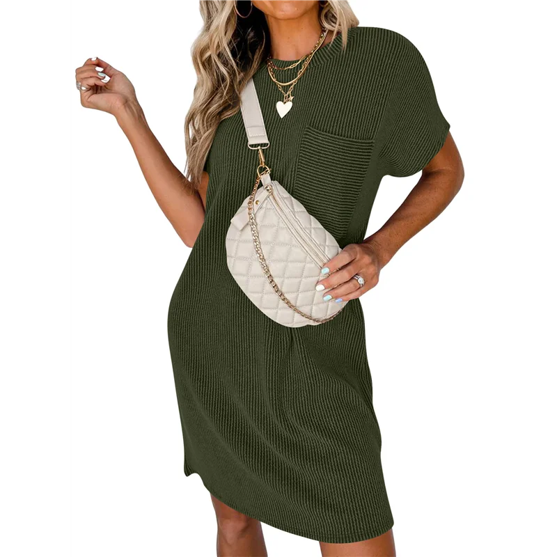 ABRT-Mini robe t-shirt côtelée à manches courtes et col rond pour femme, décontractée, été