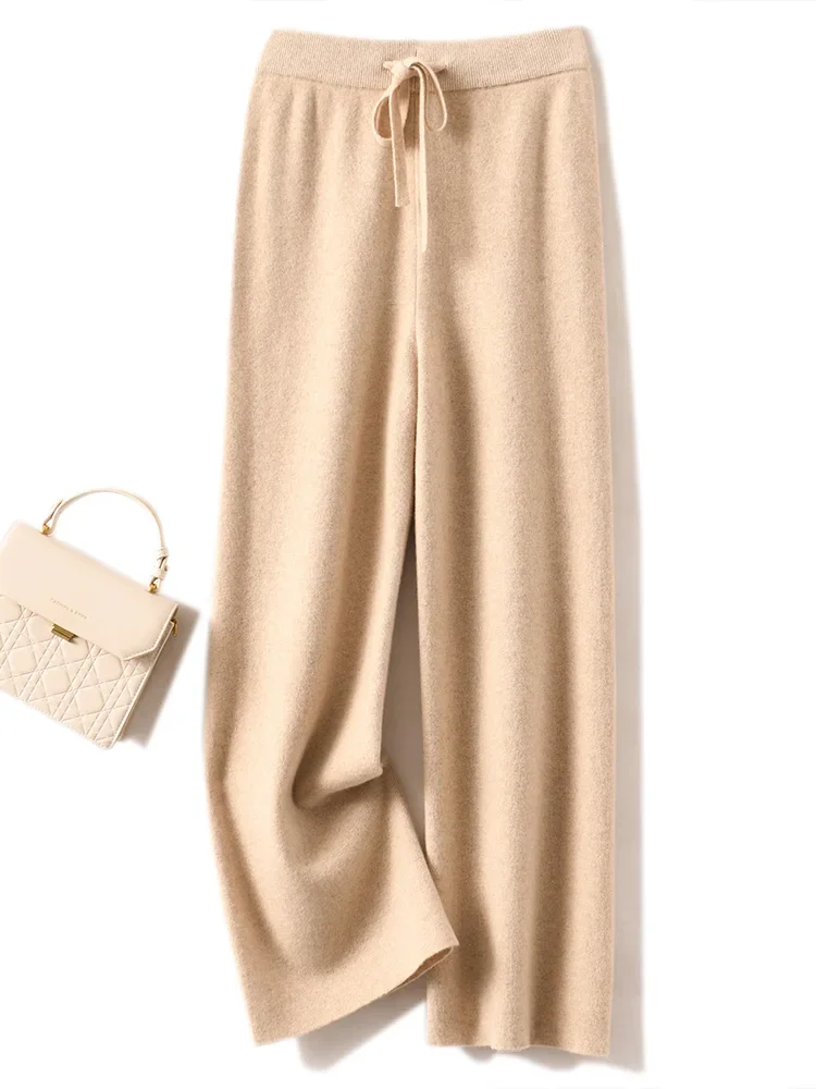

Autumn Winter Women's Pants Basic Soft Casual Sashes Trousers 100% Merino Wool Knitwear Korean Popular Pants