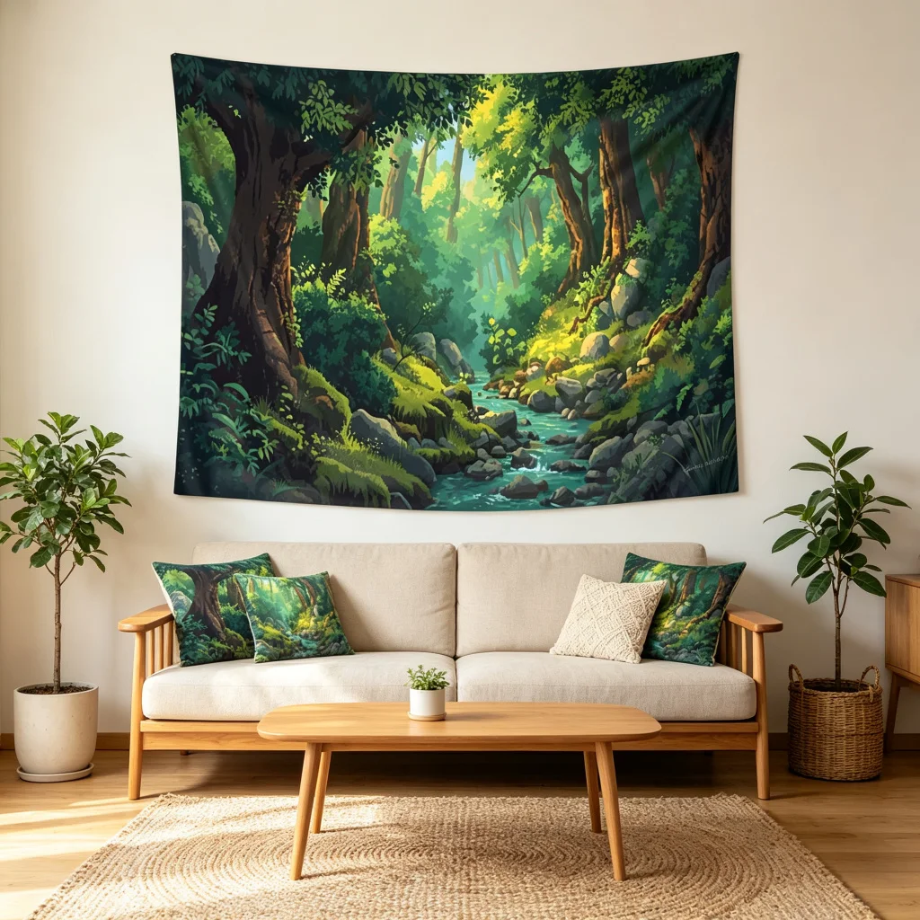 1PC Anime Forest Stream View Print Backdrop Banner, Bedroom Living Room Photo Background, Polyester, Home Decor, Wall Art