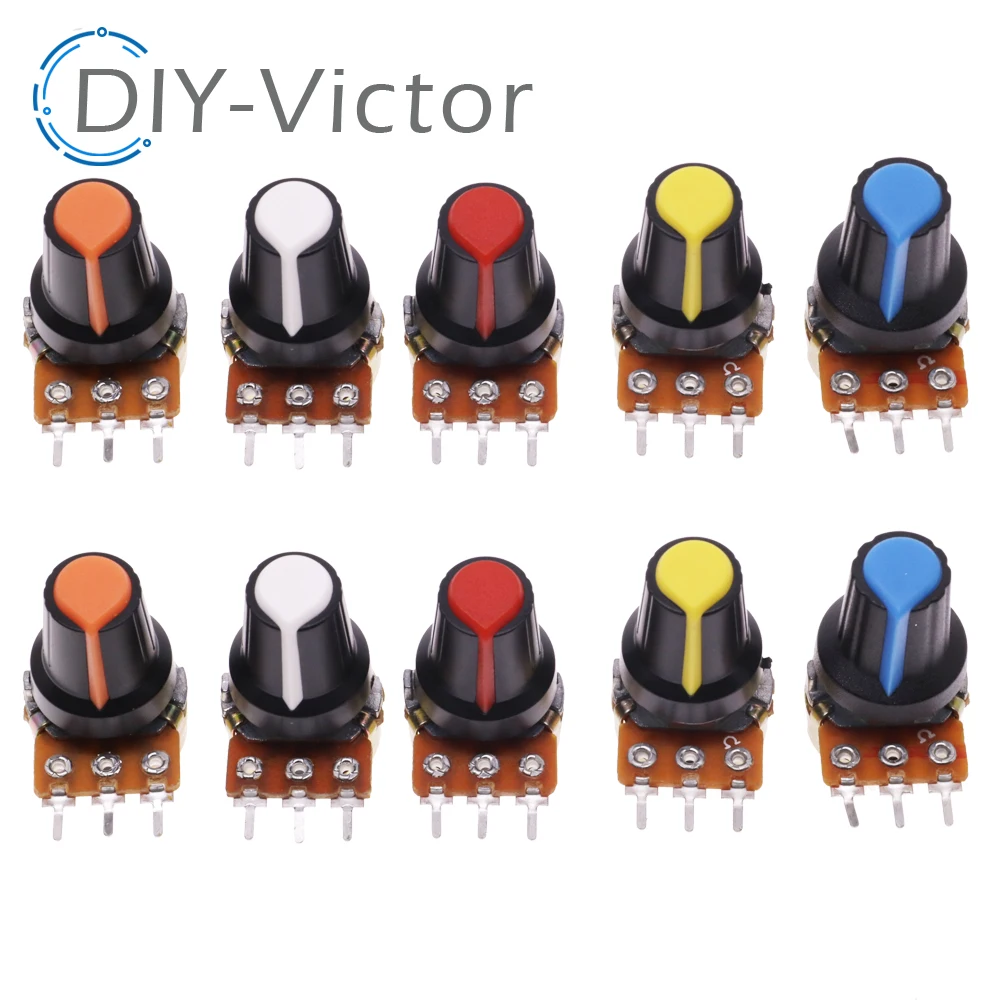 10 Sets WH148 1K 10K 20K 50K 100K 500K Ohm 15mm 3 Pin Linear Taper Rotary Potentiometer Resistor for Arduino with AG2 Five color