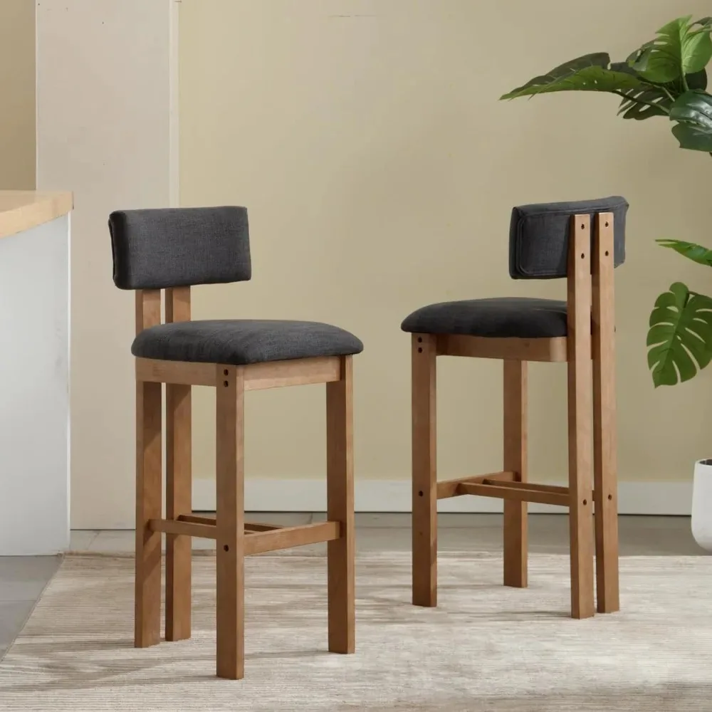 

Mid Century Modern 30" Tall Bar Height Stools Set of 2, Farmhouse Comfy Upholstered Wooden Barstools with Footrest for Kitchen I