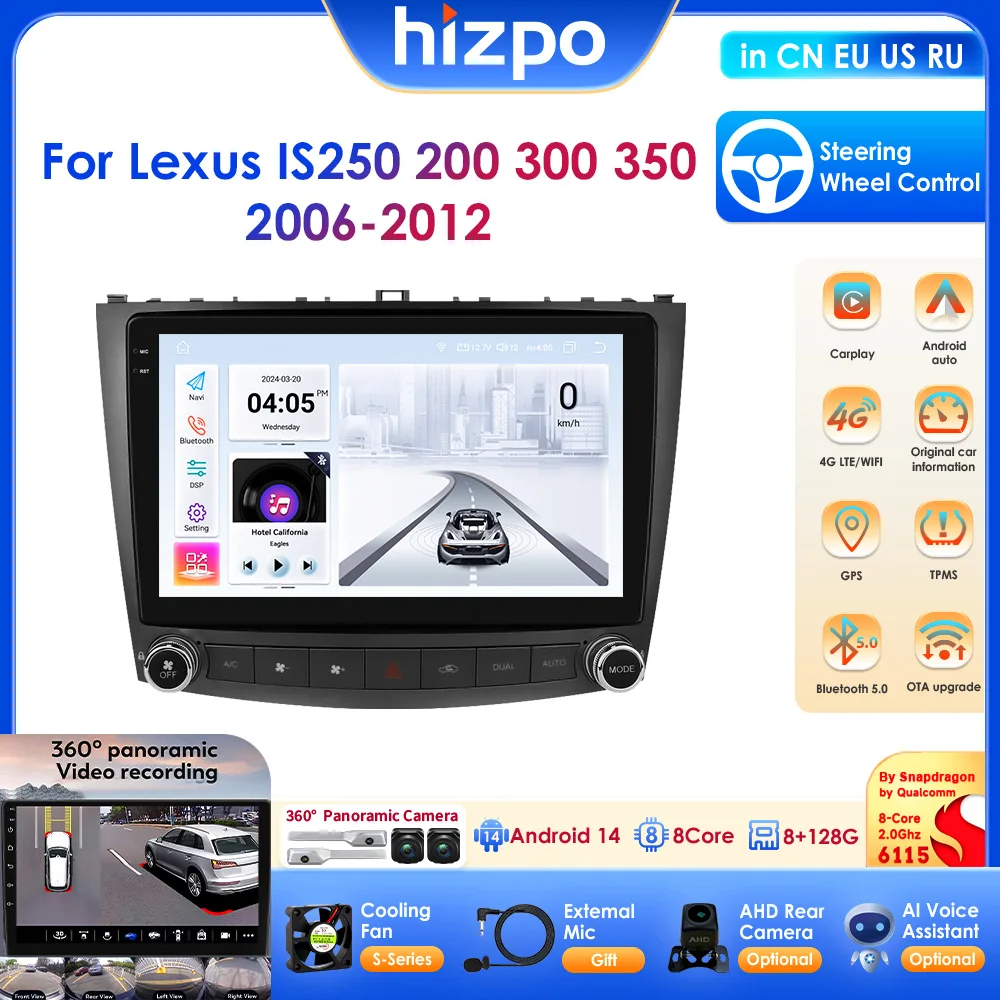 HIZPO Android 14 Car Stereo For Lexus lS250 200 300 350 2006-2012 Support Wireless Carplay Auto ADAS 360Camera DAB OBD TPMS AI