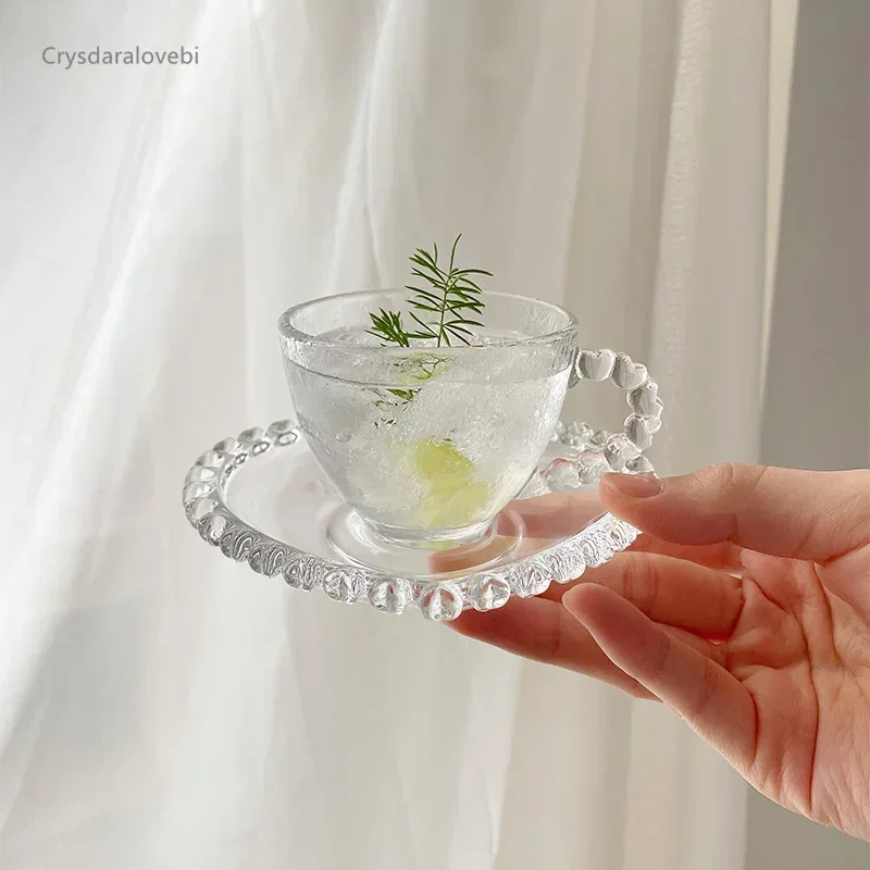 INS Romantic European Mini Espresso Cup Saucer Love Glass Girl Heart Simple Flower Tea Cup