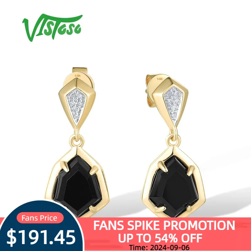 

VISTOSO Genuine 14K 585 Yellow Gold Stud Earrings For Women Sparkling Diamonds Black Agate Classic Dangling Chic Fine Jewelry