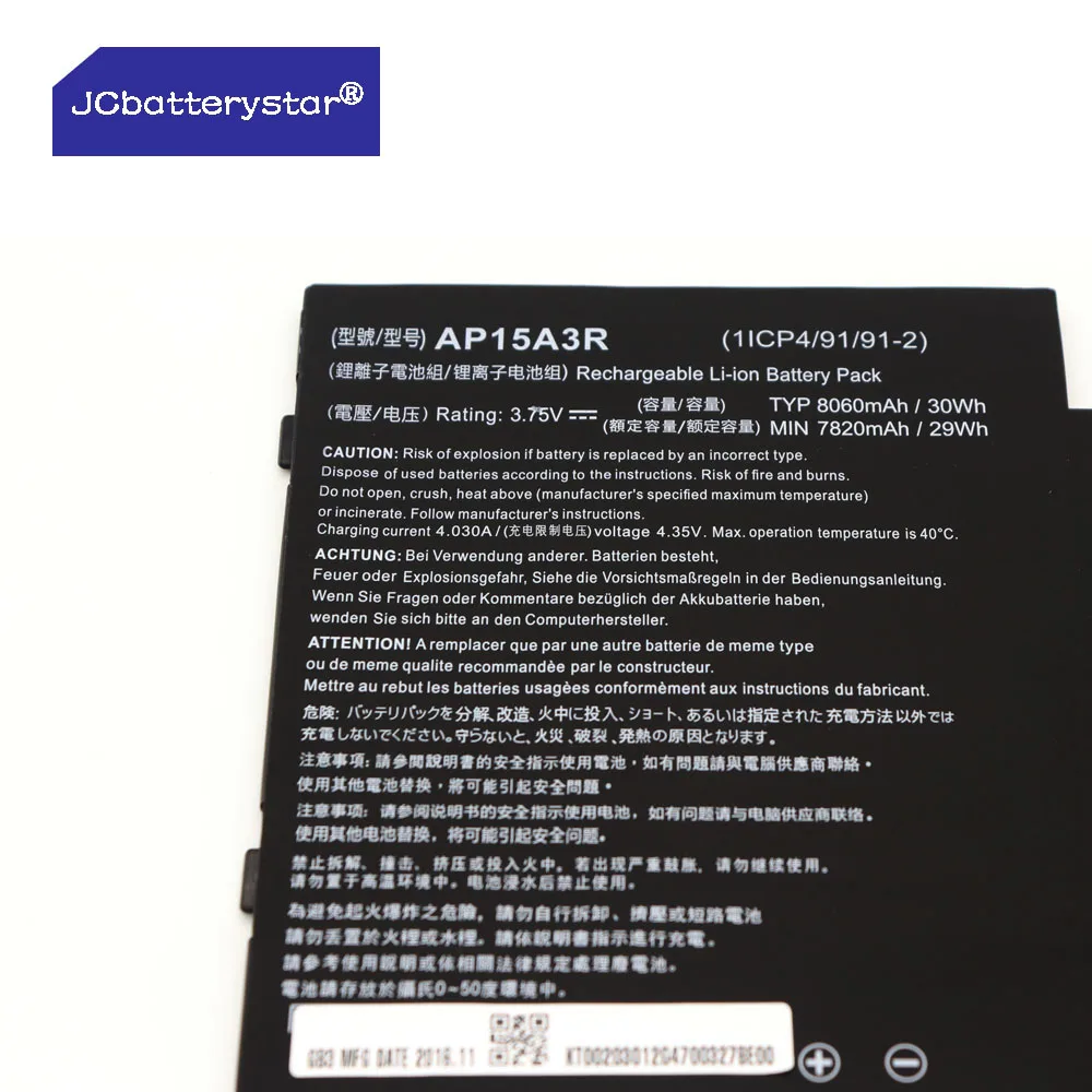 JCbatterystar New Battery AP15A3R FOR ACER Aspire switch 10E SW3-013P 3.75V 30Wh 8060mAh