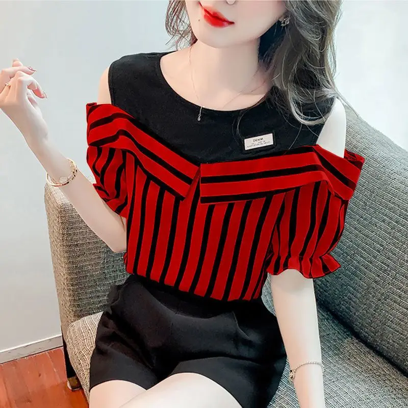 Women\'s Fashion Korean Striped Printed Off Shoulder Shirt Summer All-match Casual Two Piece Set Spliced Blouse Female Clothing