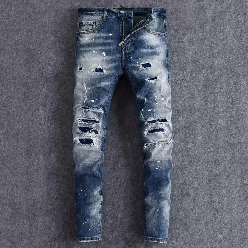 

Street Fashion Men Jeans High Quality Retro Washed Blue Stretch Skinny Fit Ripped Jeans Men Patched Designer Hip Hop Brand Pants