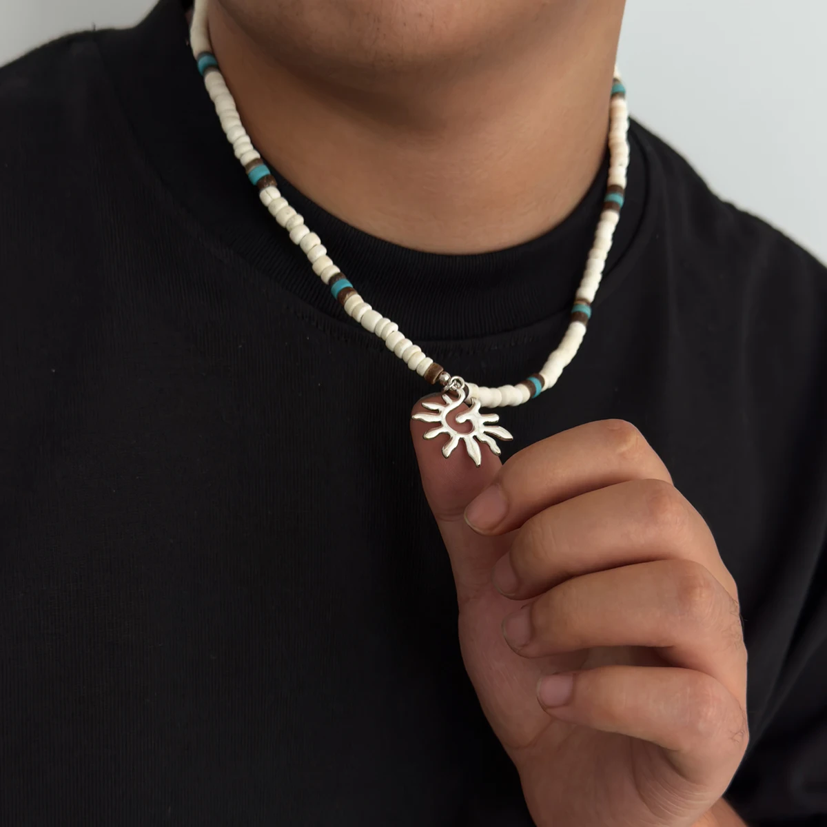 

KunJoe Minimalist White/Brown Wooden Bead Chain Choker Necklace for Men New Trendy Sun Pendant Necklace Male Jewelry Accessories