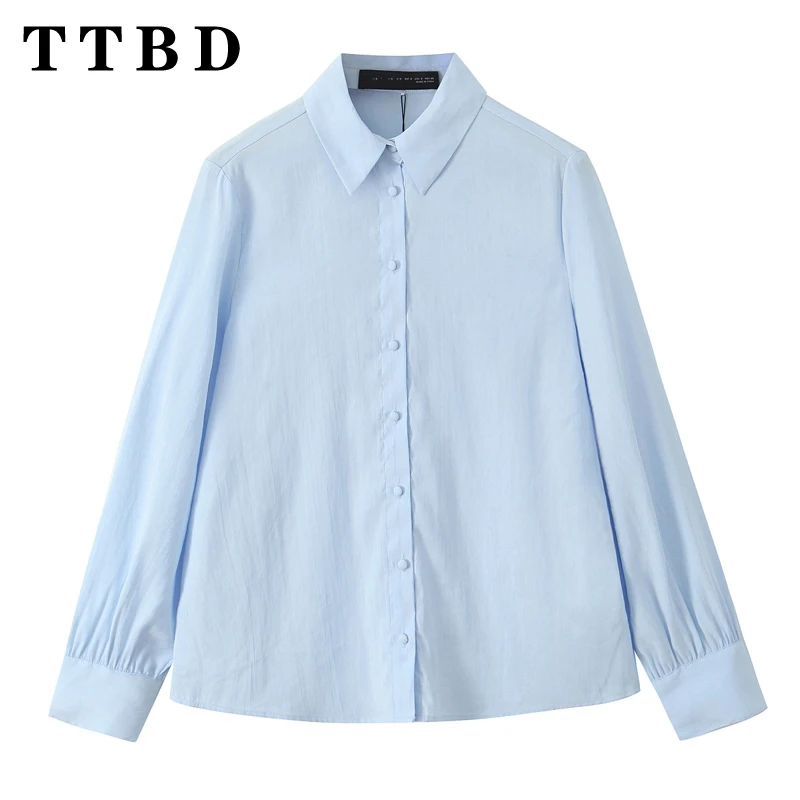 

TTBD 2024 Autumn New Women's Wear Casual Shirt Coat Long Sleeve Turn-down Collar Office Lady Blue Solid Color Top