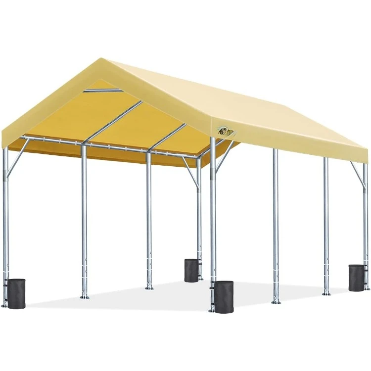 12x20 ft Canopy Garage Heavy Duty Carports Car Boat Shelter Party Tent, Adjustable Peak Height from 9.5ft to 11ft, Beige