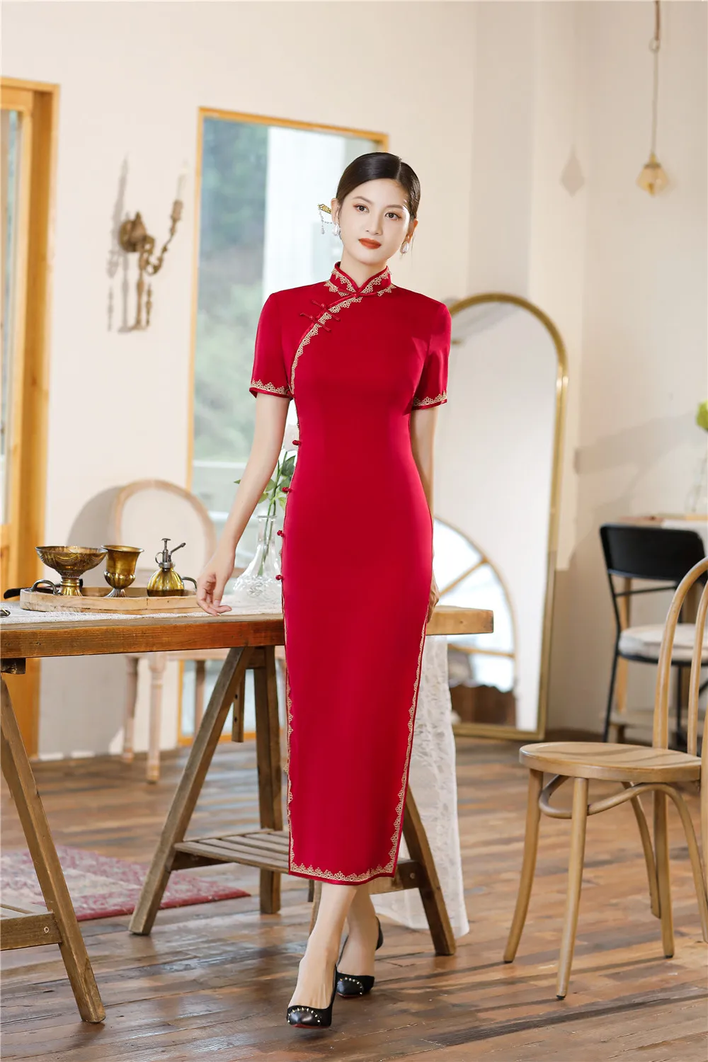 

Shanghai Story 2022 Long Cheongsam Solid Chinese Women's Dress Mandarin Qipao 3 Color