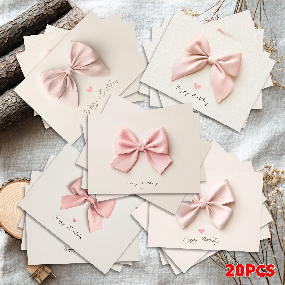 20PCS Exquisite Pink Bow Postcards, with Blank Space on The Back for Writing, Used for Holiday Greetings and Parties