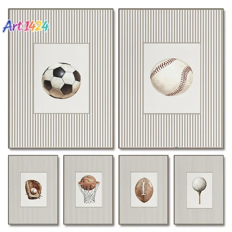 Vintage Sports Illustration Baseball, Football, Golf, Basketball Bats Nursery Poster Canvas Painting Wall Art Picture Home De