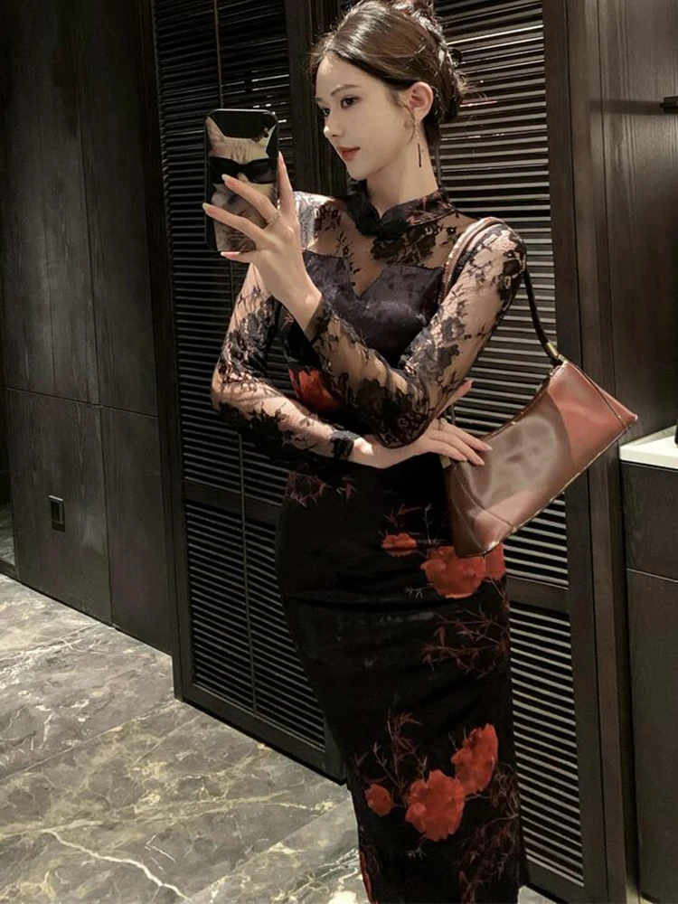 Automne hiver noir à fleurs velours Patchwork dentelle robe femmes à manches longues élégant pure robe Sexy 2025 coréen Vintage robe de bal