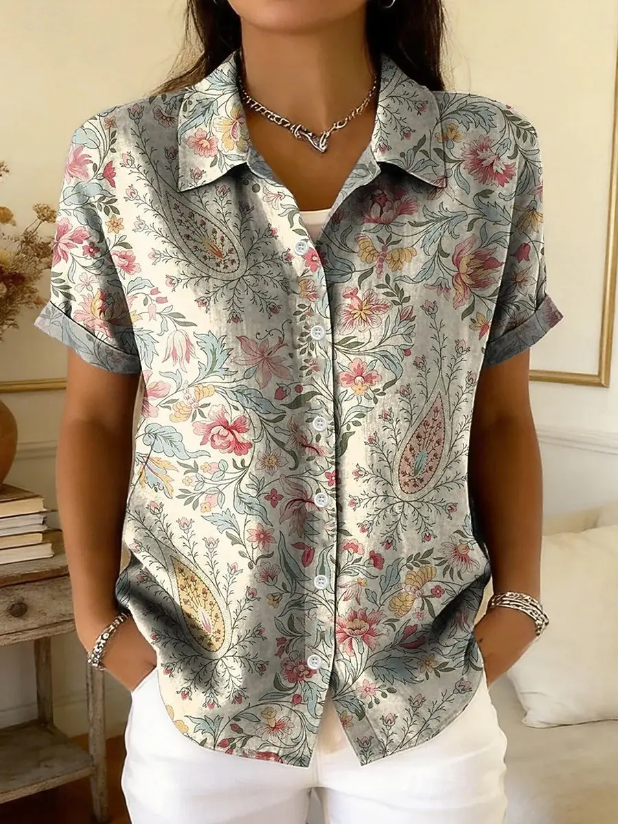 Women's Geometric Paisley Print Button Decor Short Sleeve Shirt Collar Tops, Casual Stylish Daily Wear, Green Beige for Summer