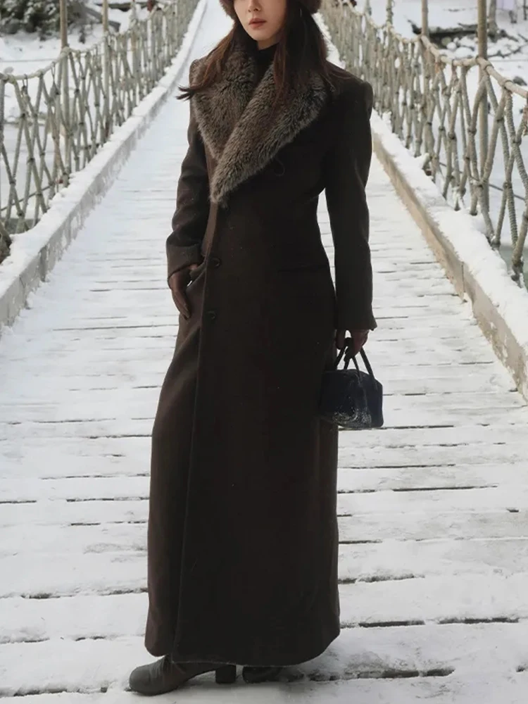 

Ele Long Woolen Coat Women's Winter Slimming Faux Fur Collar Coat French Sle Daily Wear Warm Polyester Fiber Coat